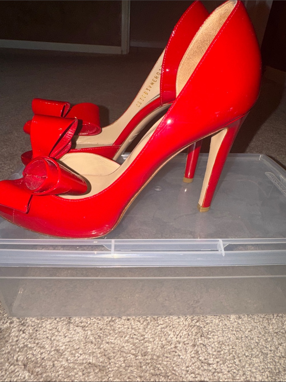Valentino Red Patent Bow Peep-Toe Heels - Picture 5 of 12